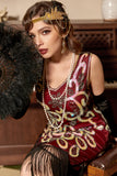 Burgundy Asymmetrical V Neck 1920s Flapper Dress