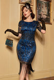 Golden Sequins Fringe 1920s Dress with Sleeves