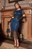 Blue Sequins Fringe 1920s Dress with Sleeves