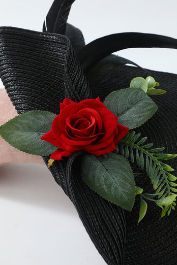 Black 1920s Style Hat with Flower