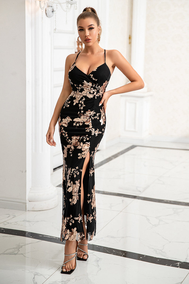 Load image into Gallery viewer, Sheath Spaghetti Straps Black Long Formal Dress with Slit
