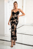 Sheath Spaghetti Straps Black Long Formal Dress with Slit