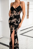 Sheath Spaghetti Straps Black Long Formal Dress with Slit