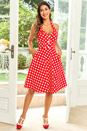 Hepburn Style Halter Neck Red Button Polka Dots 1950s Dress