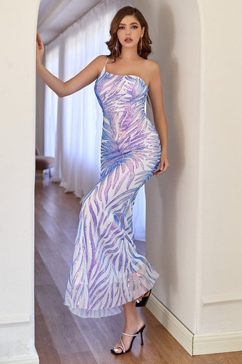 Purple One Shoulder Sequins Long Formal Dress