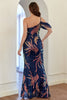 Load image into Gallery viewer, Navy One Shoulder Sequins Formal Dress with Slit