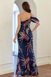 Navy One Shoulder Sequins Formal Dress with Slit