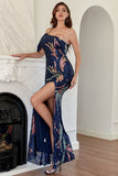 Navy One Shoulder Sequins Formal Dress with Slit