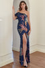 Load image into Gallery viewer, Navy One Shoulder Sequins Formal Dress with Slit