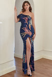 Navy One Shoulder Sequins Formal Dress with Slit