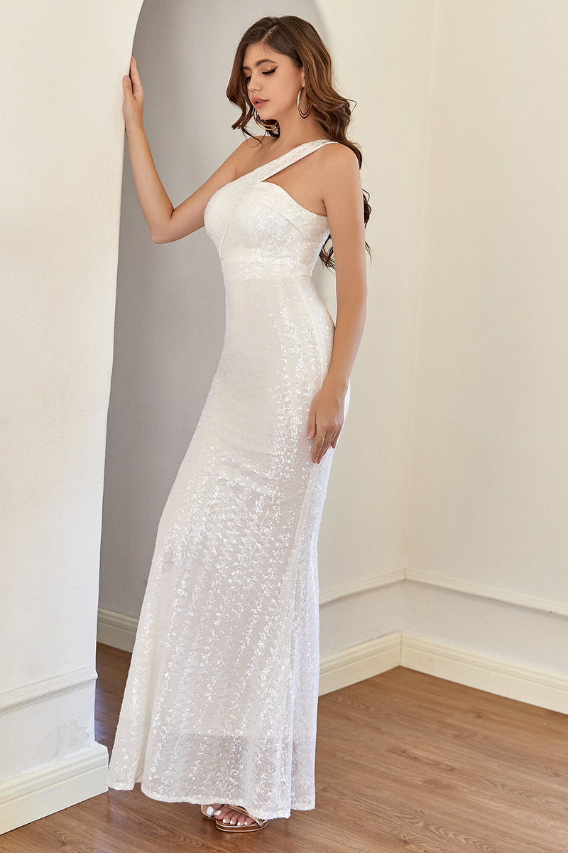 Load image into Gallery viewer, White One Shoulder Sequins Mermaid Formal Dress