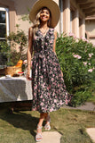 V Neck Black Foral Printed Summer Dress