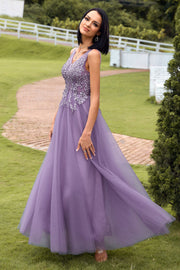 A Line V Neck Purple Long Formal Dress with Appliques