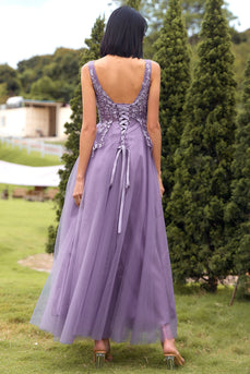 A Line V Neck Purple Long Formal Dress with Appliques
