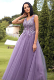 A Line V Neck Purple Long Formal Dress with Appliques