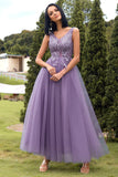 A Line V Neck Purple Long Formal Dress with Appliques