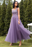 A Line V Neck Purple Long Formal Dress with Appliques