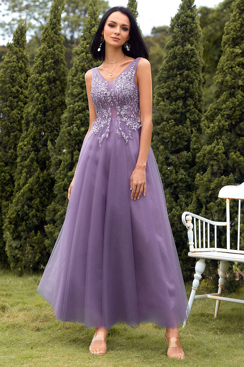 Load image into Gallery viewer, A Line V Neck Purple Long Formal Dress with Appliques