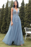 A-Line Long Blue Formal Dress with Appliques