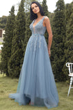 A-Line Long Blue Formal Dress with Appliques