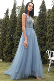 A-Line Long Blue Formal Dress with Appliques