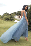 A-Line Long Blue Formal Dress with Appliques