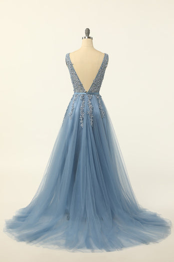 Blue Tulle Formal Dress with Appliques