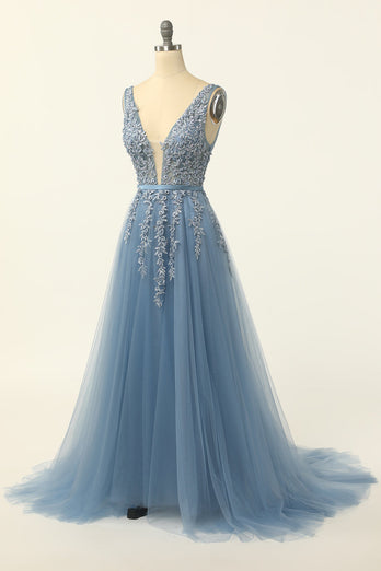 Blue Tulle Formal Dress with Appliques