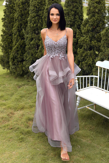 A Line Spaghetti Straps Purple Grey Long Formal Dress with Appliques