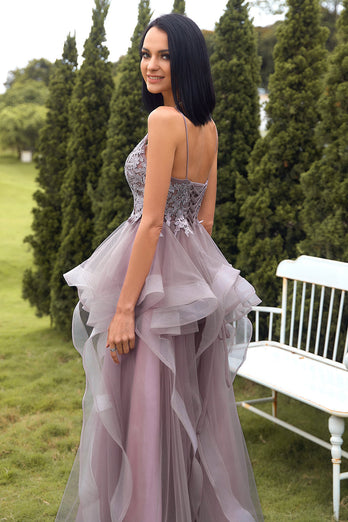A Line Spaghetti Straps Purple Grey Long Formal Dress with Appliques