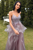 A Line Spaghetti Straps Purple Grey Long Formal Dress with Appliques