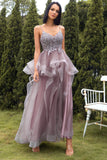 A Line Spaghetti Straps Purple Grey Long Formal Dress with Appliques