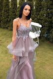 A Line Spaghetti Straps Purple Grey Long Formal Dress with Appliques