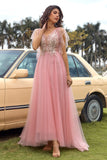 A Line V Neck Blush Long Formal Dress with Appliques