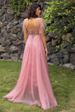 A Line V Neck Blush Long Formal Dress with Appliques