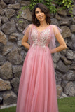 A Line V Neck Blush Long Formal Dress with Appliques