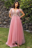 A Line V Neck Blush Long Formal Dress with Appliques