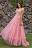 Load image into Gallery viewer, A Line V Neck Blush Long Formal Dress with Appliques