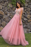 A Line V Neck Blush Long Formal Dress with Appliques