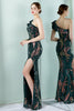 Load image into Gallery viewer, One Shoulder Dark Green Sequined Evening Dress