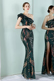 One Shoulder Dark Green Sequined Evening Dress