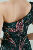 One Shoulder Dark Green Sequined Evening Dress