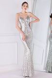 Silver Pink Sequined Spaghetti Straps Mermaid Formal Dress
