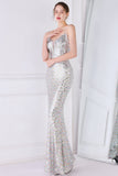 Silver Pink Sequined Spaghetti Straps Mermaid Formal Dress