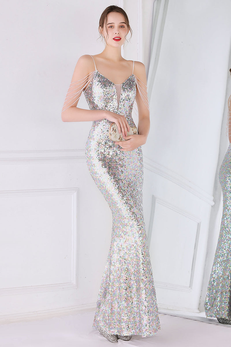 Load image into Gallery viewer, Silver Pink Sequined Spaghetti Straps Mermaid Formal Dress