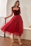 Burgundy Tulle Formal Dress with Bowknot