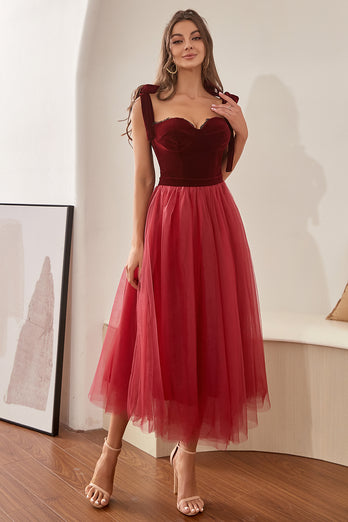 Burgundy Tulle Formal Dress with Bowknot