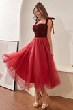 Burgundy Tulle Formal Dress with Bowknot