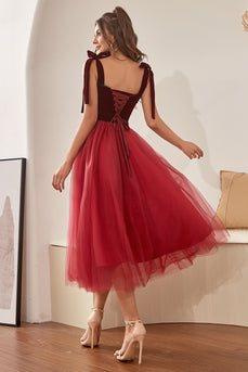 Burgundy Tulle Formal Dress with Bowknot