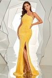 Yellow One Shoulder Sequined Mermaid Formal Dress